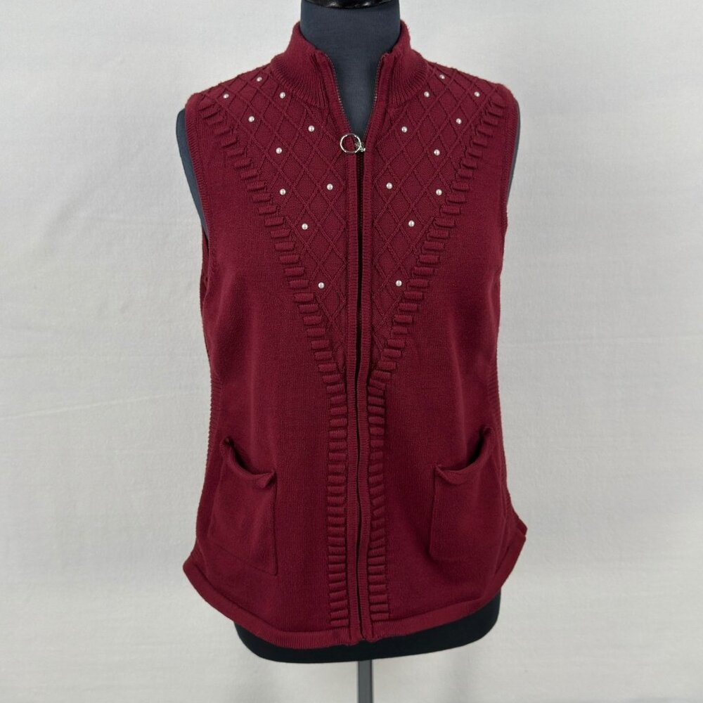 Emotions Women's Sweater Vest M Red Zip Front Studded Mock Neck Sleeveless Top